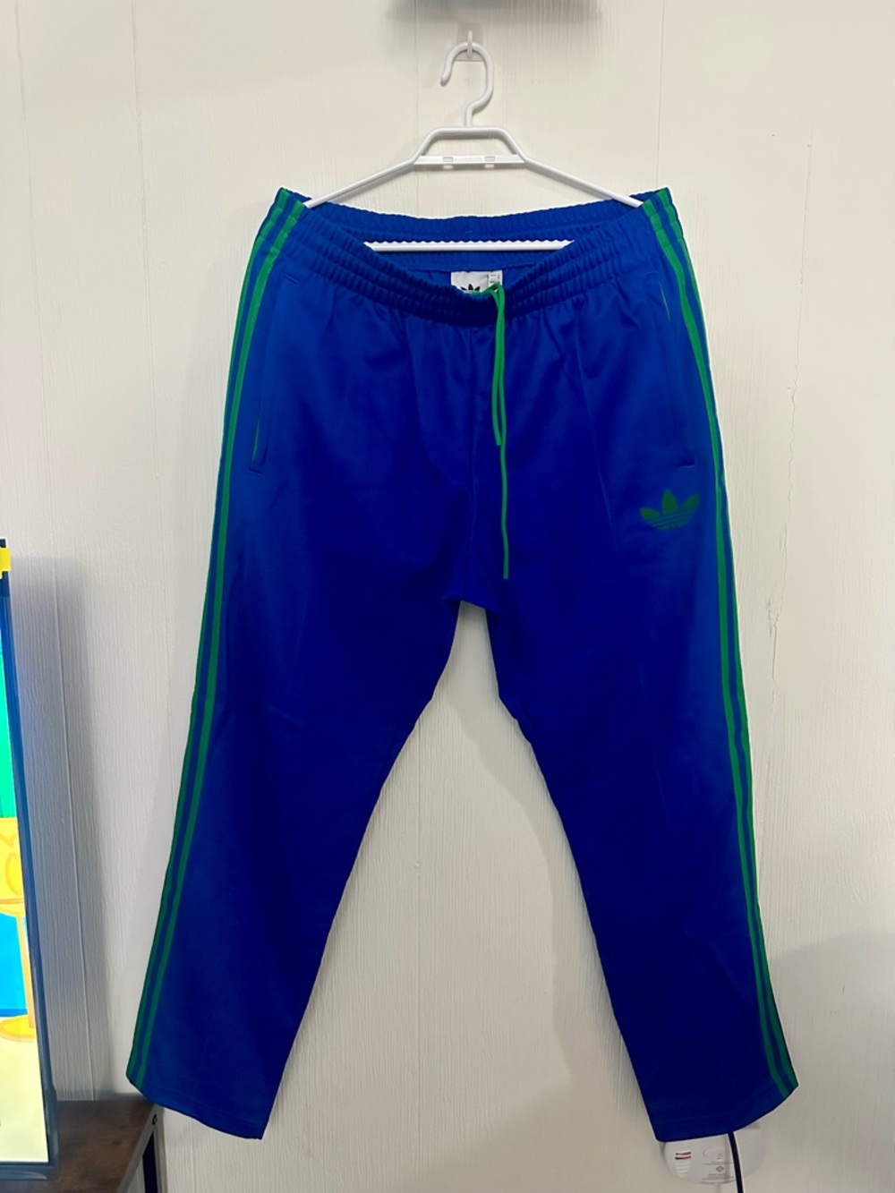 adidas Royal Blue Track Pants with Green Stripe Details